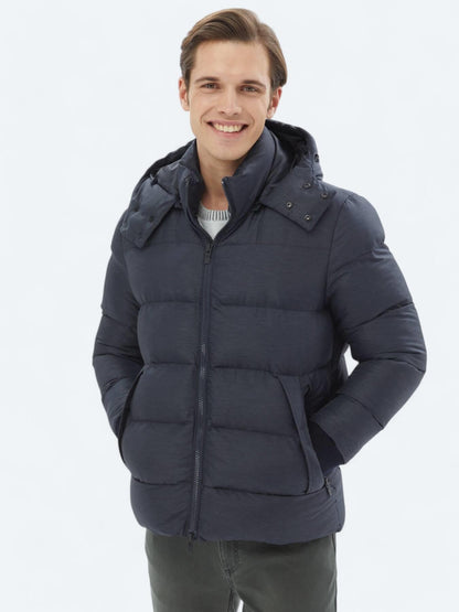 Lacivert Regular Fit Kapüşonlu Casual Dokuma Mont
