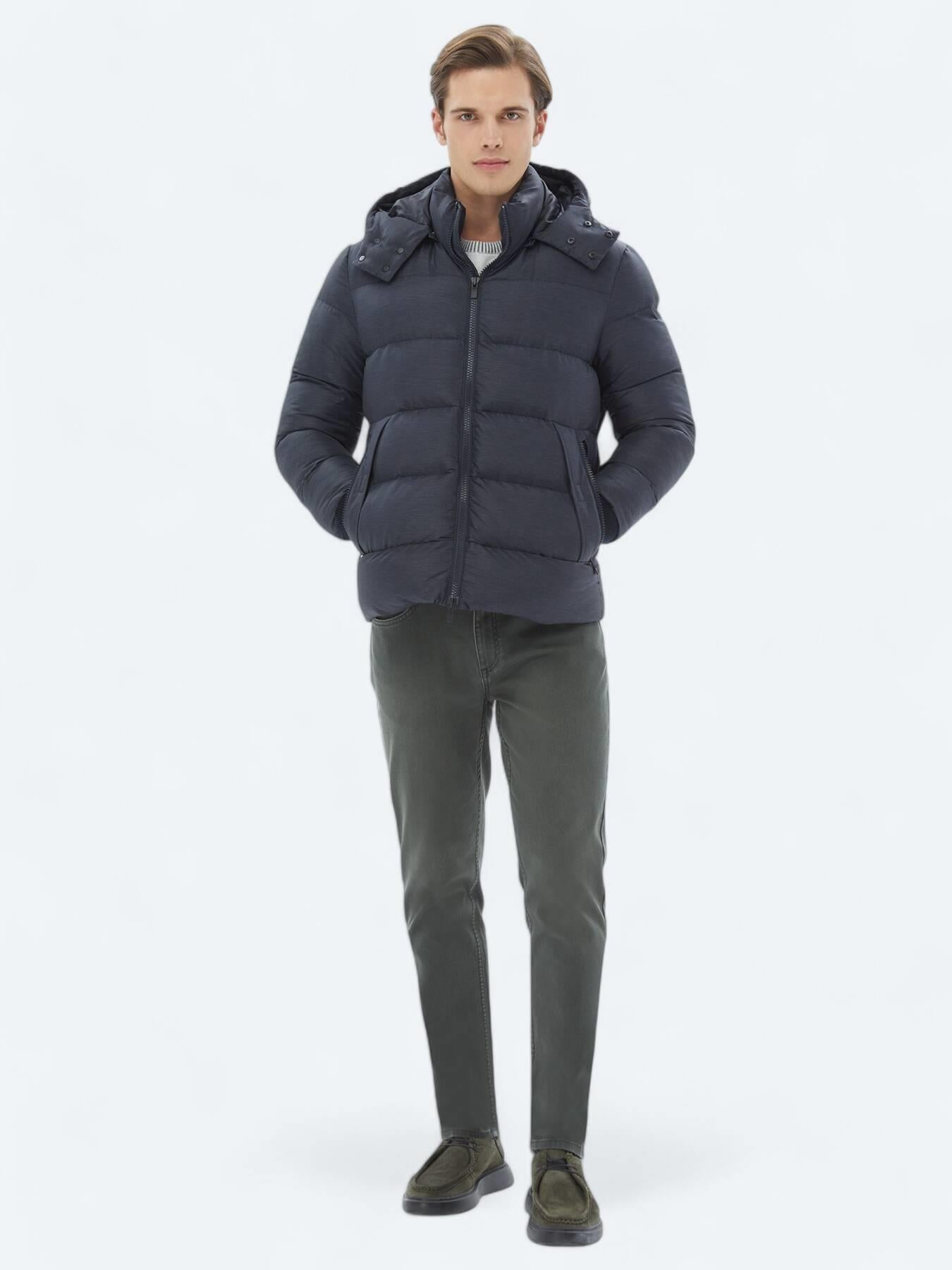 Lacivert Regular Fit Kapüşonlu Casual Dokuma Mont