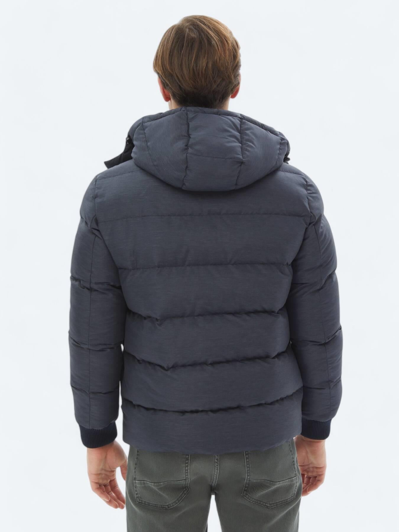 Lacivert Regular Fit Kapüşonlu Casual Dokuma Mont