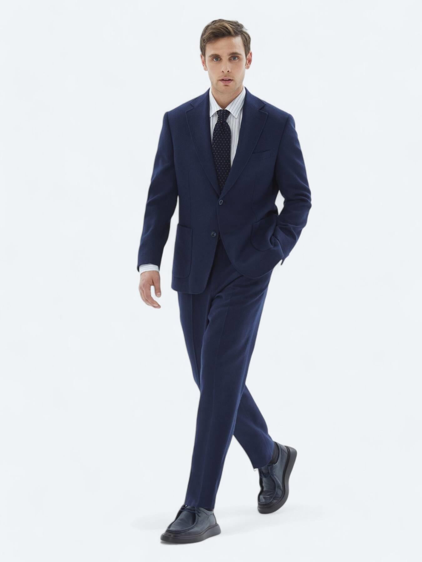 Indigo Düz Comfort Fit Yün Karışımlı Takım Elbise