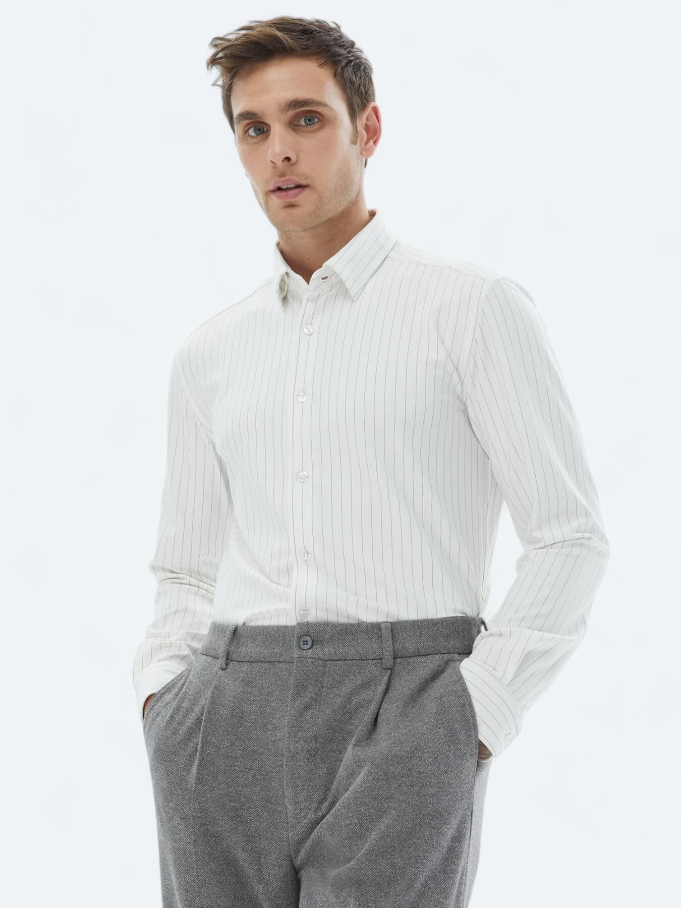 Beyaz Çizgili Regular Fit Uzun Casual Gömlek