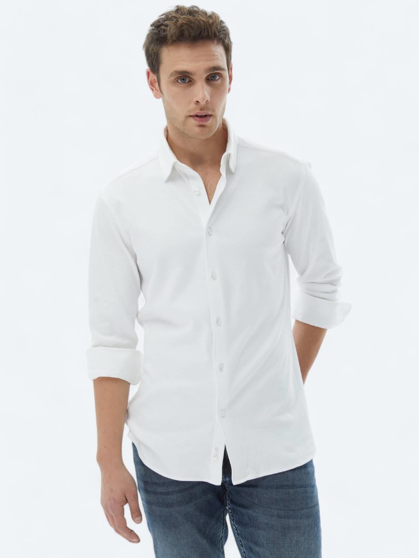 Beyaz Düz Regular Fit Uzun Dokuma Casual %100 Pamuk Gömlek