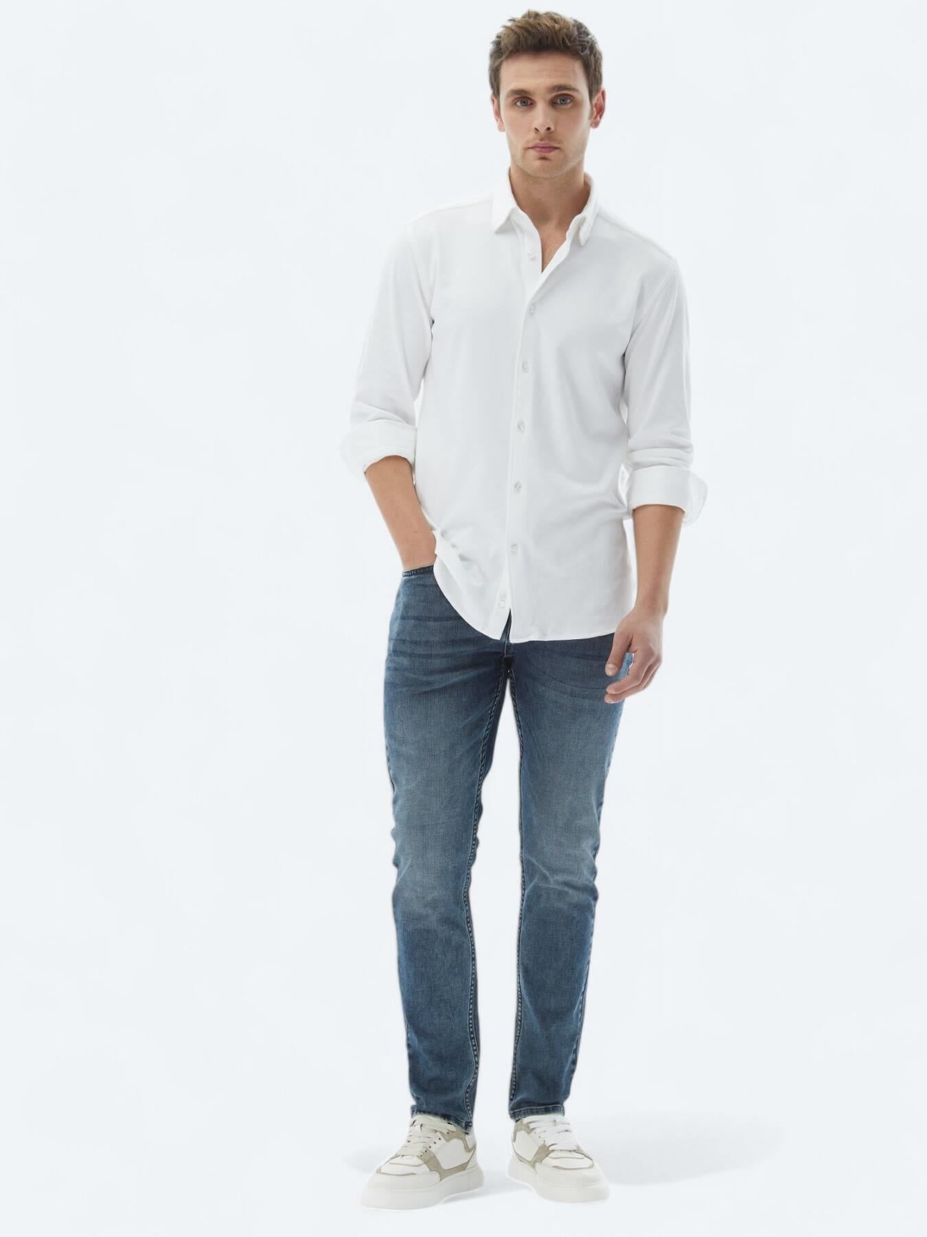 Beyaz Düz Regular Fit Uzun Dokuma Casual %100 Pamuk Gömlek