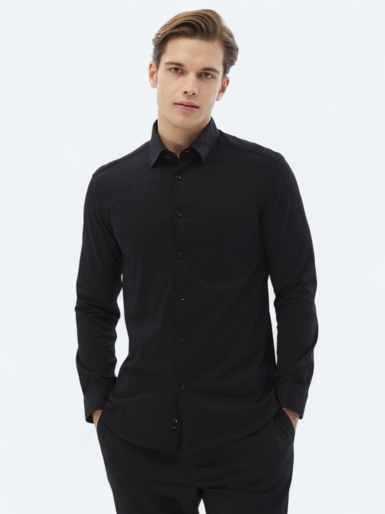 Siyah Düz Regular Fit Uzun Dokuma Casual %100 Pamuk Gömlek