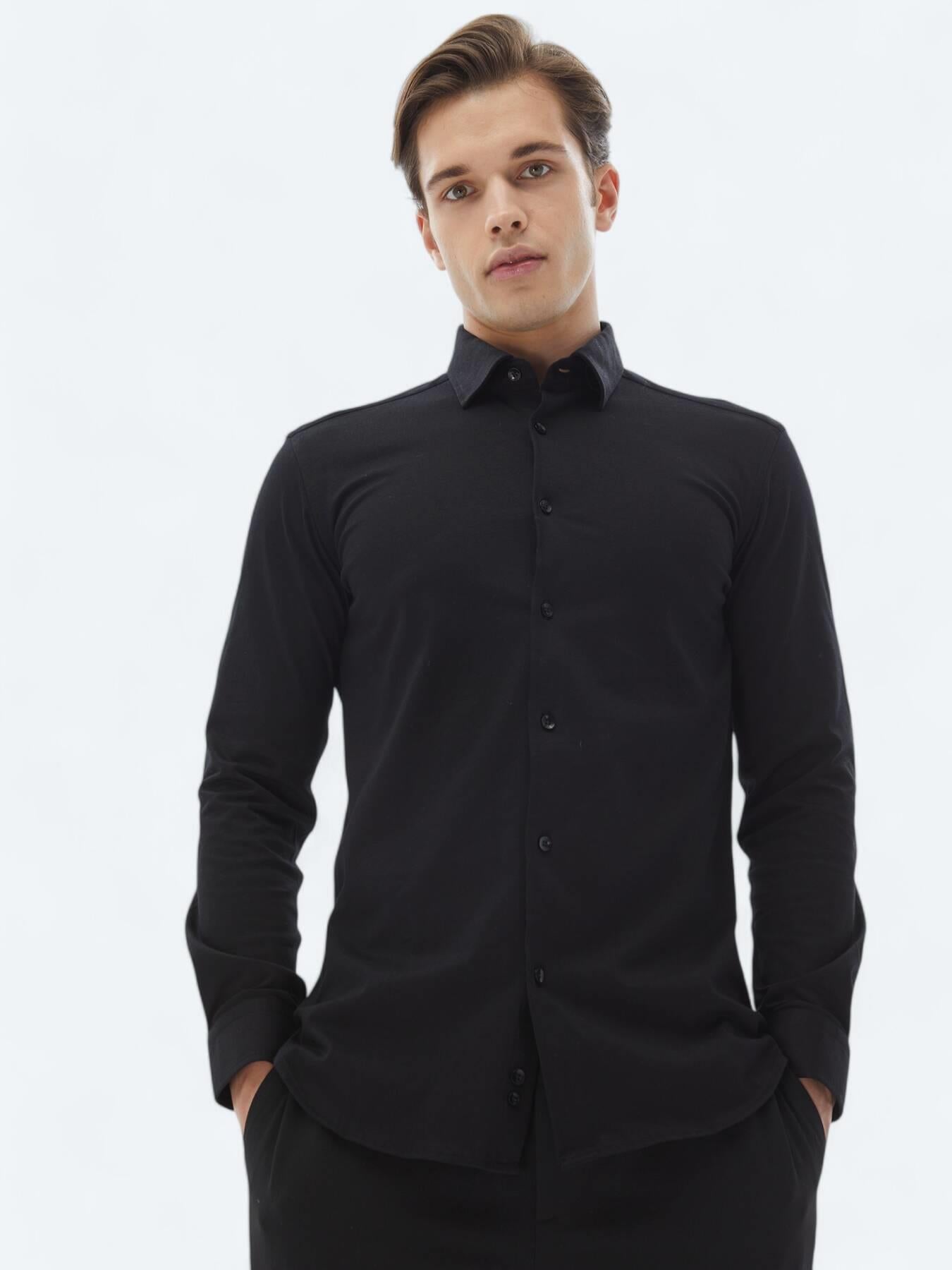 Siyah Düz Regular Fit Uzun Dokuma Casual %100 Pamuk Gömlek