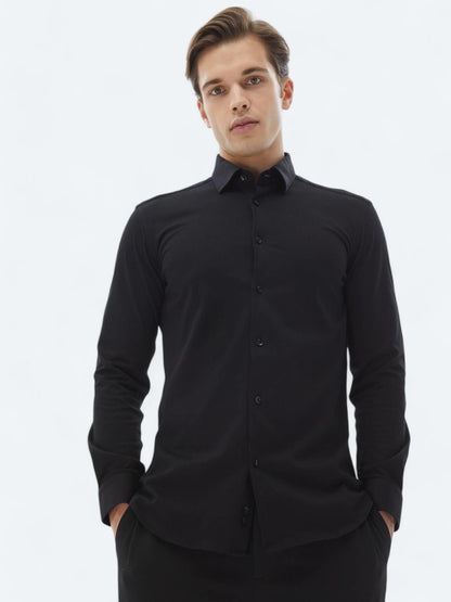 Siyah Düz Regular Fit Uzun Dokuma Casual %100 Pamuk Gömlek