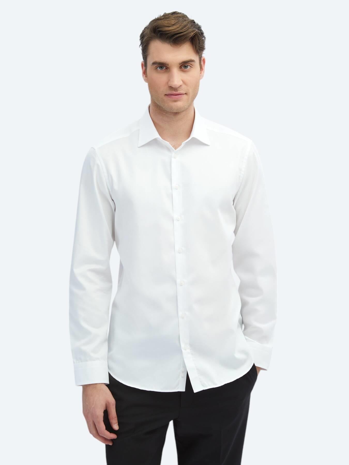 Beyaz Düz Slim Fit Uzun Dokuma Klasik %100 Pamuk Gömlek