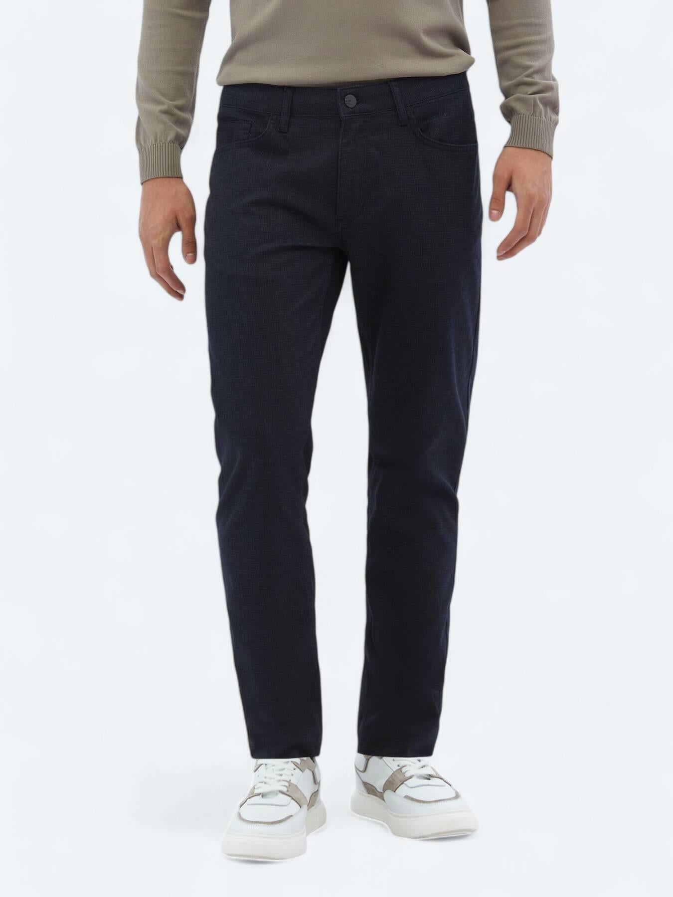 Lacivert Dokuma Slim Fit Casual Pamuk Karışımlı Pantolon
