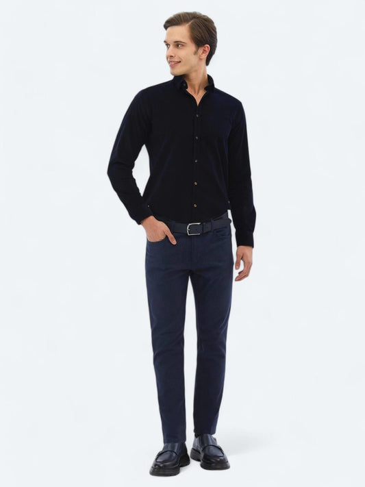 Lacivert Dokuma Slim Fit Casual Pamuk Karışımlı Pantolon