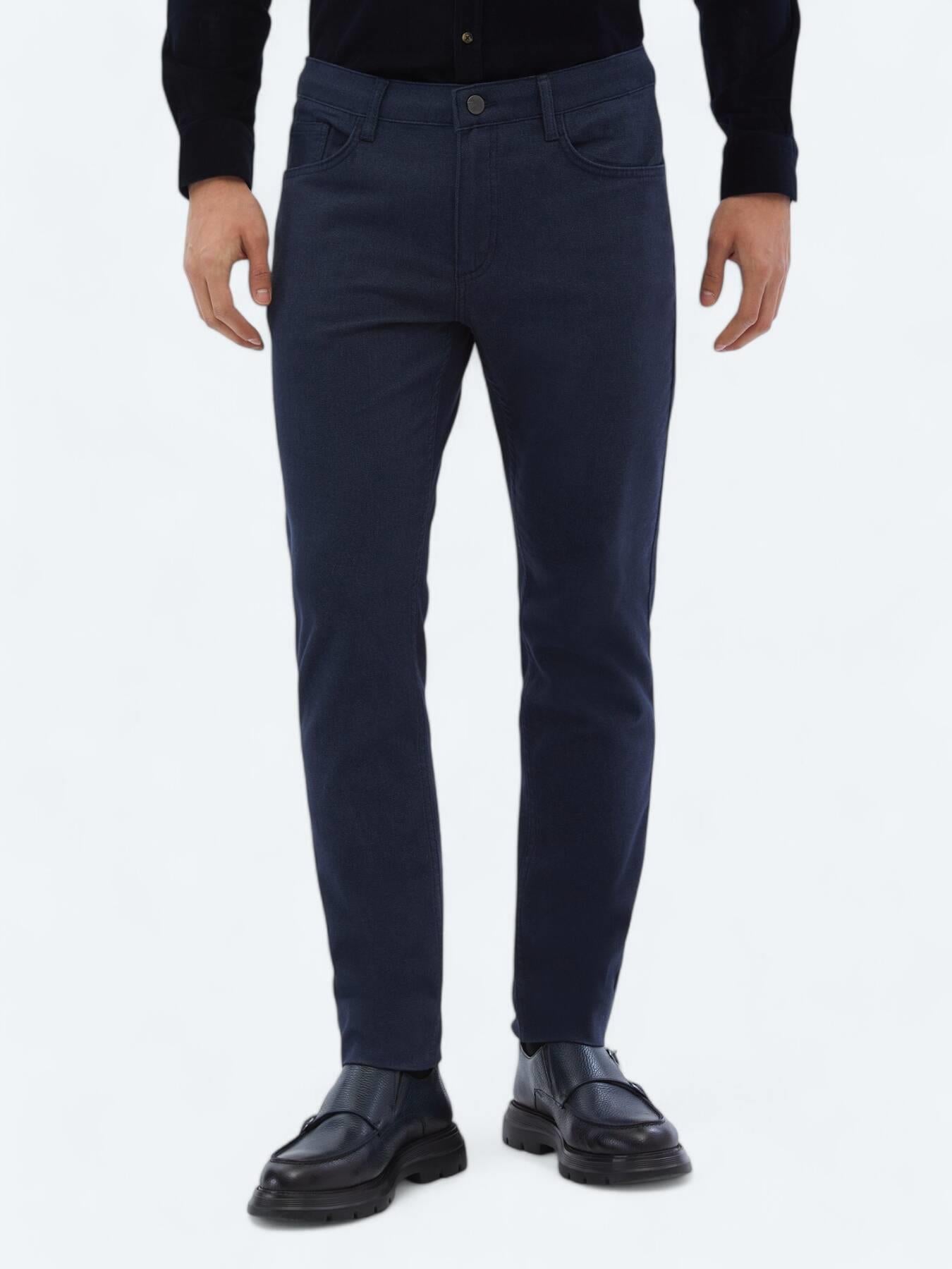 Lacivert Dokuma Slim Fit Casual Pamuk Karışımlı Pantolon