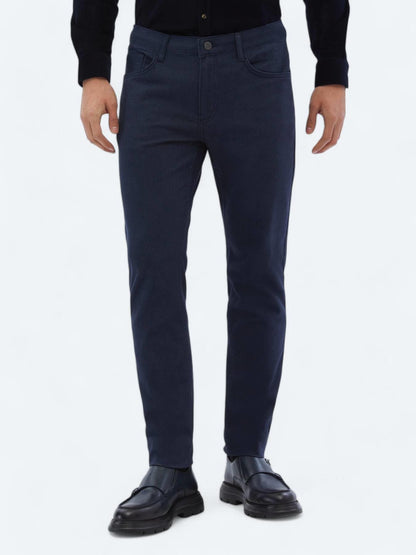 Lacivert Dokuma Slim Fit Casual Pamuk Karışımlı Pantolon