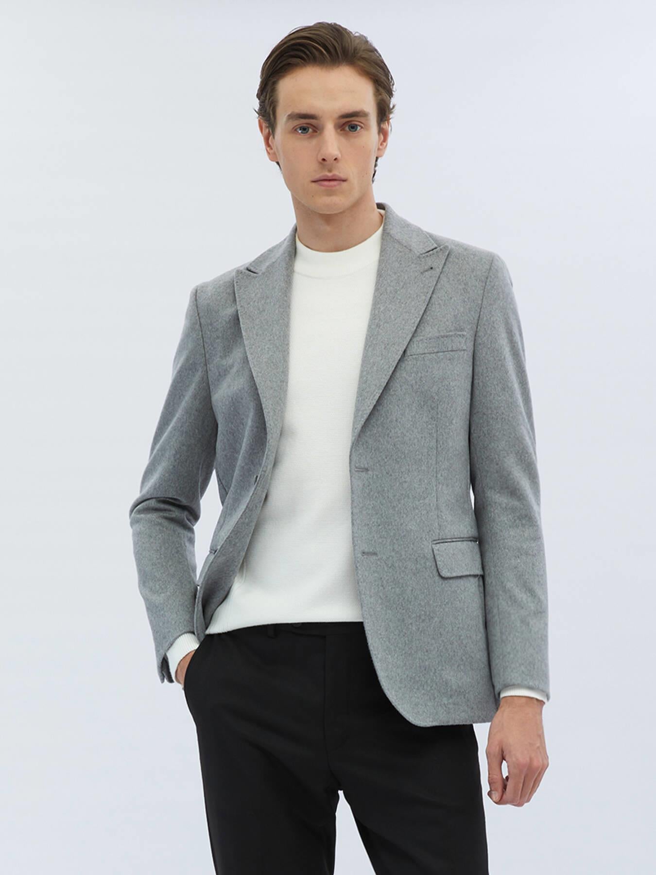 Gri Düz Modern Fit Yün Karışımlı Ceket