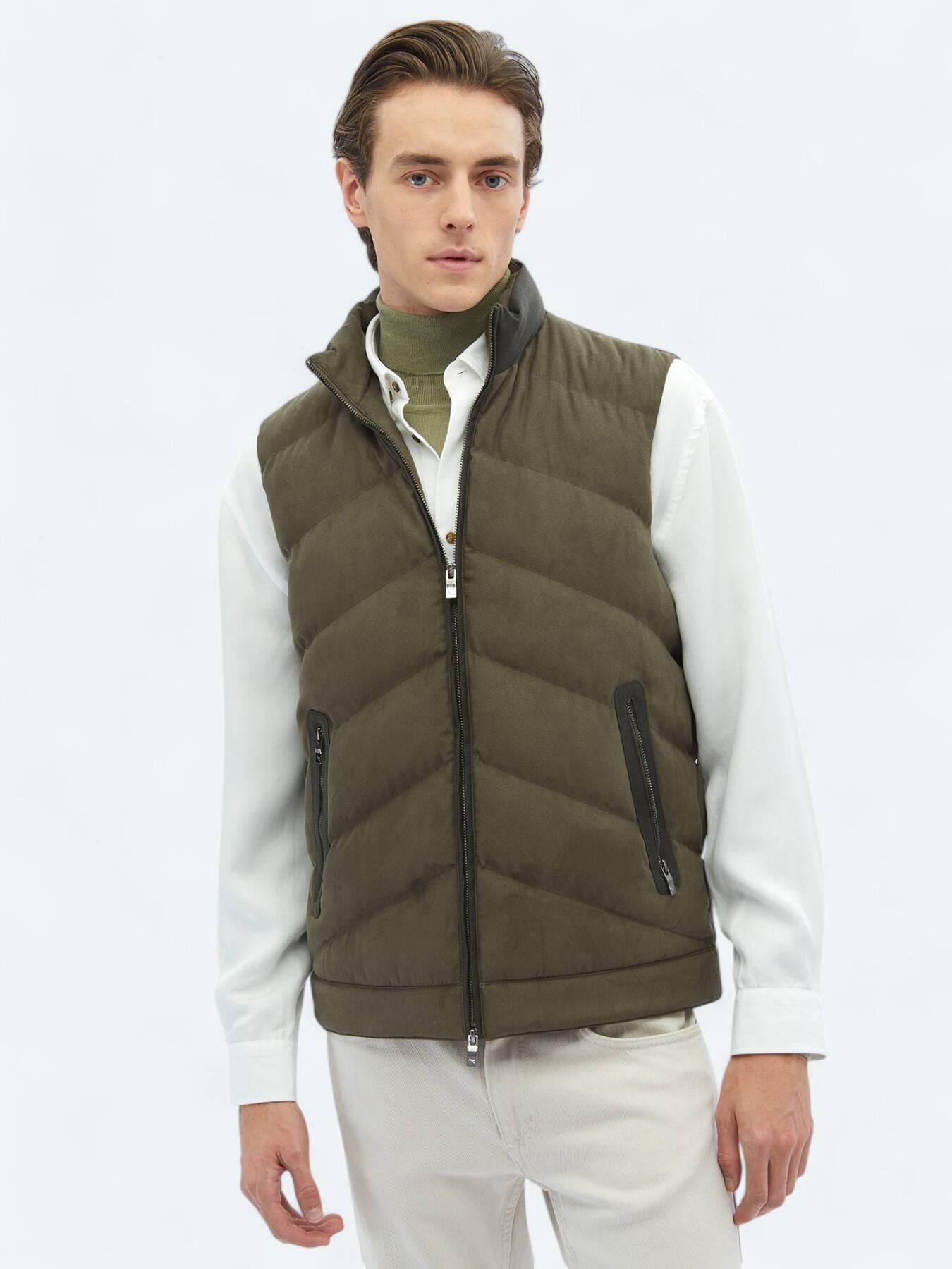 Haki Regular Fit Dik Yaka Casual Dokuma Spor Yelek
