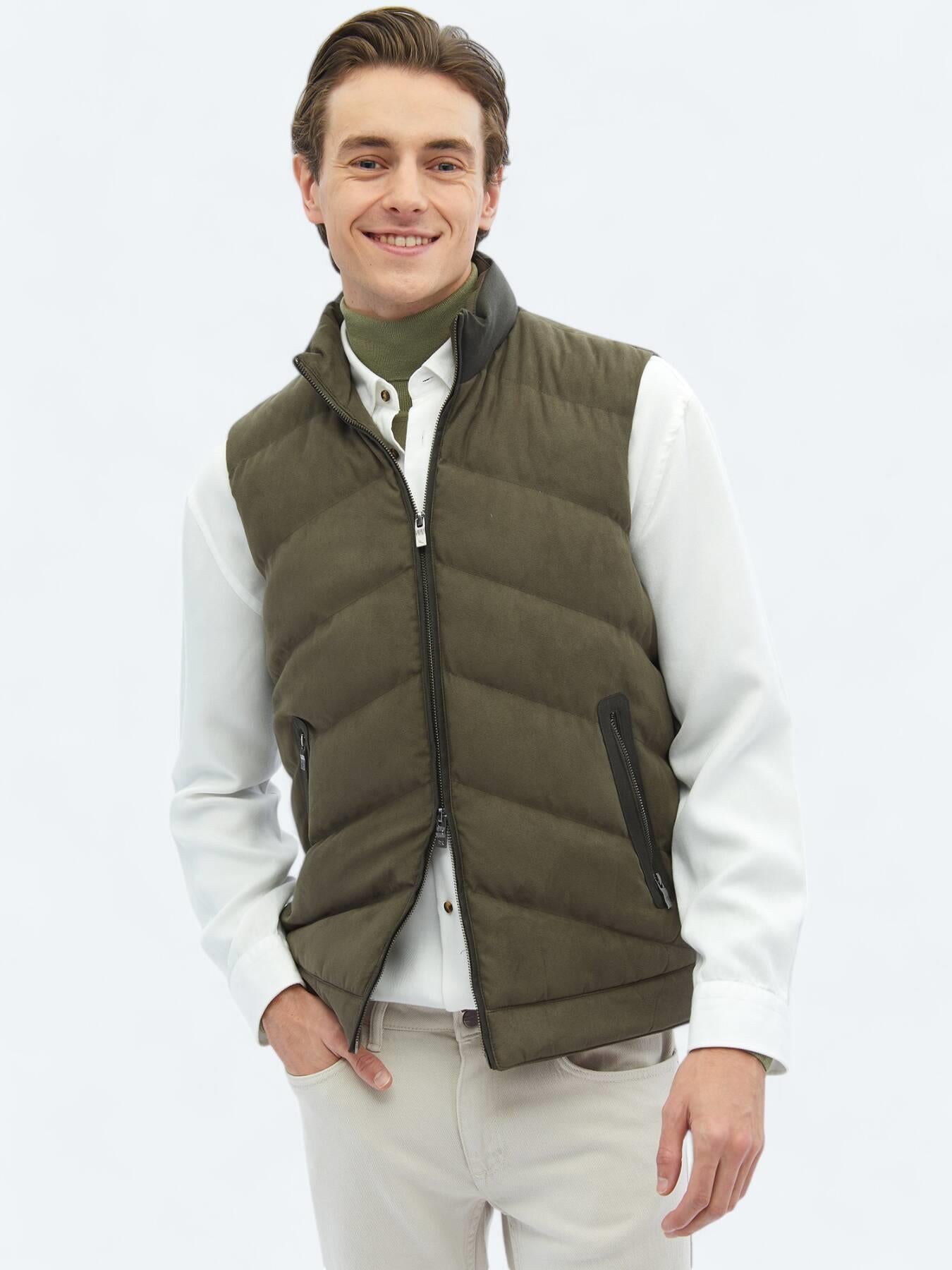 Haki Regular Fit Dik Yaka Casual Dokuma Spor Yelek