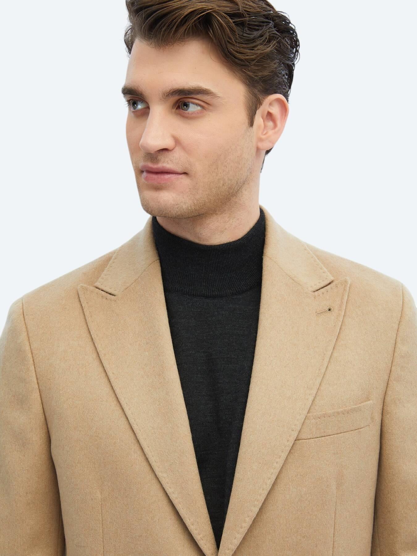 Bej Düz Modern Fit Yün Karışımlı Ceket