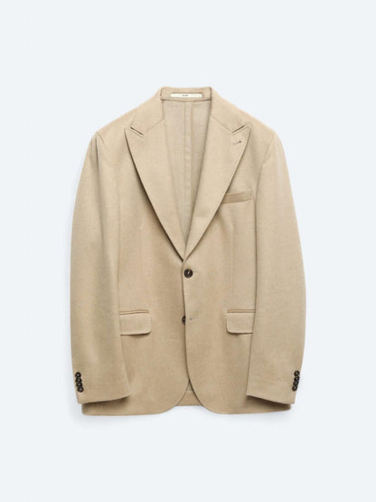 Bej Düz Modern Fit Yün Karışımlı Ceket