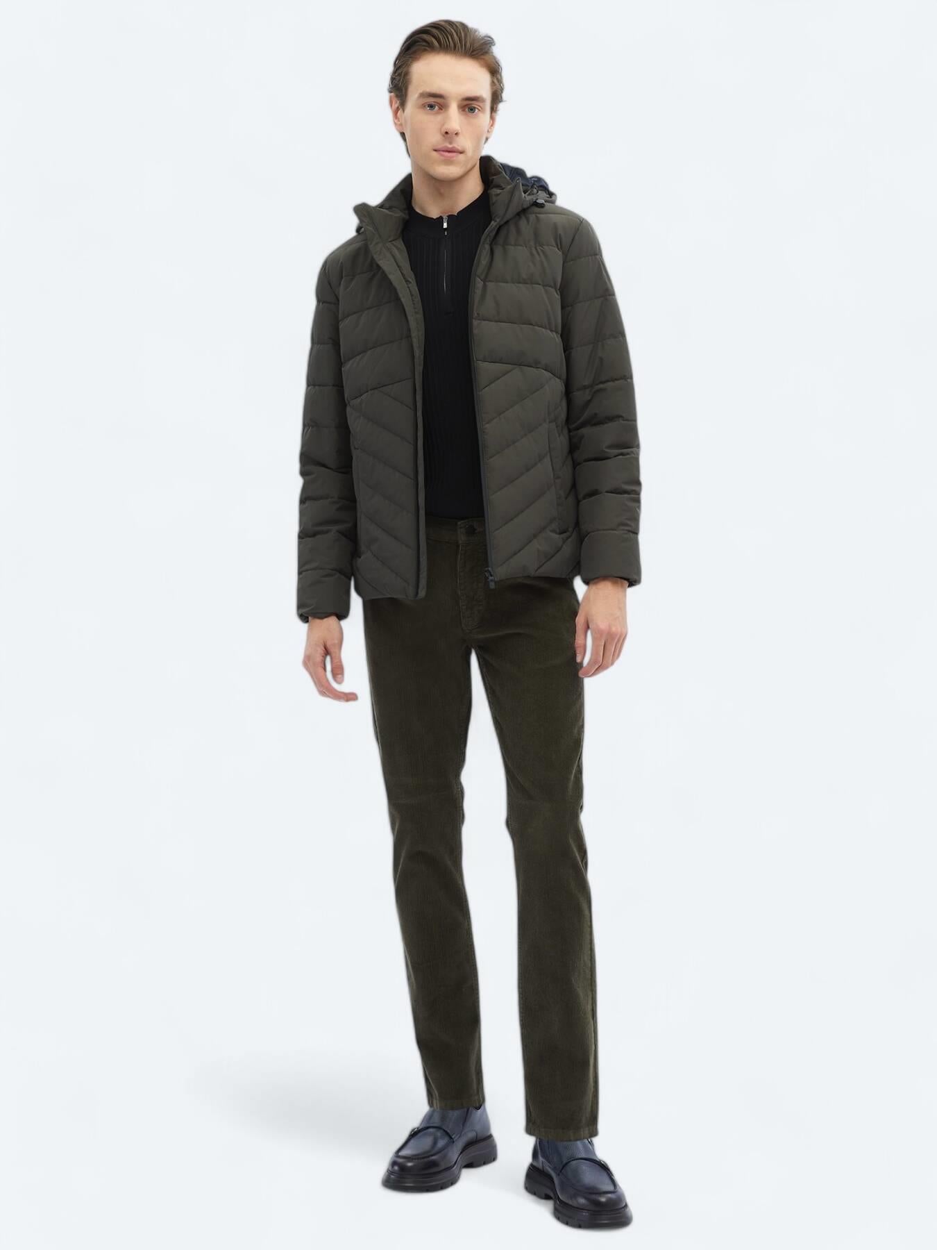 Haki Regular Fit Kapüşonlu Casual Dokuma Mont