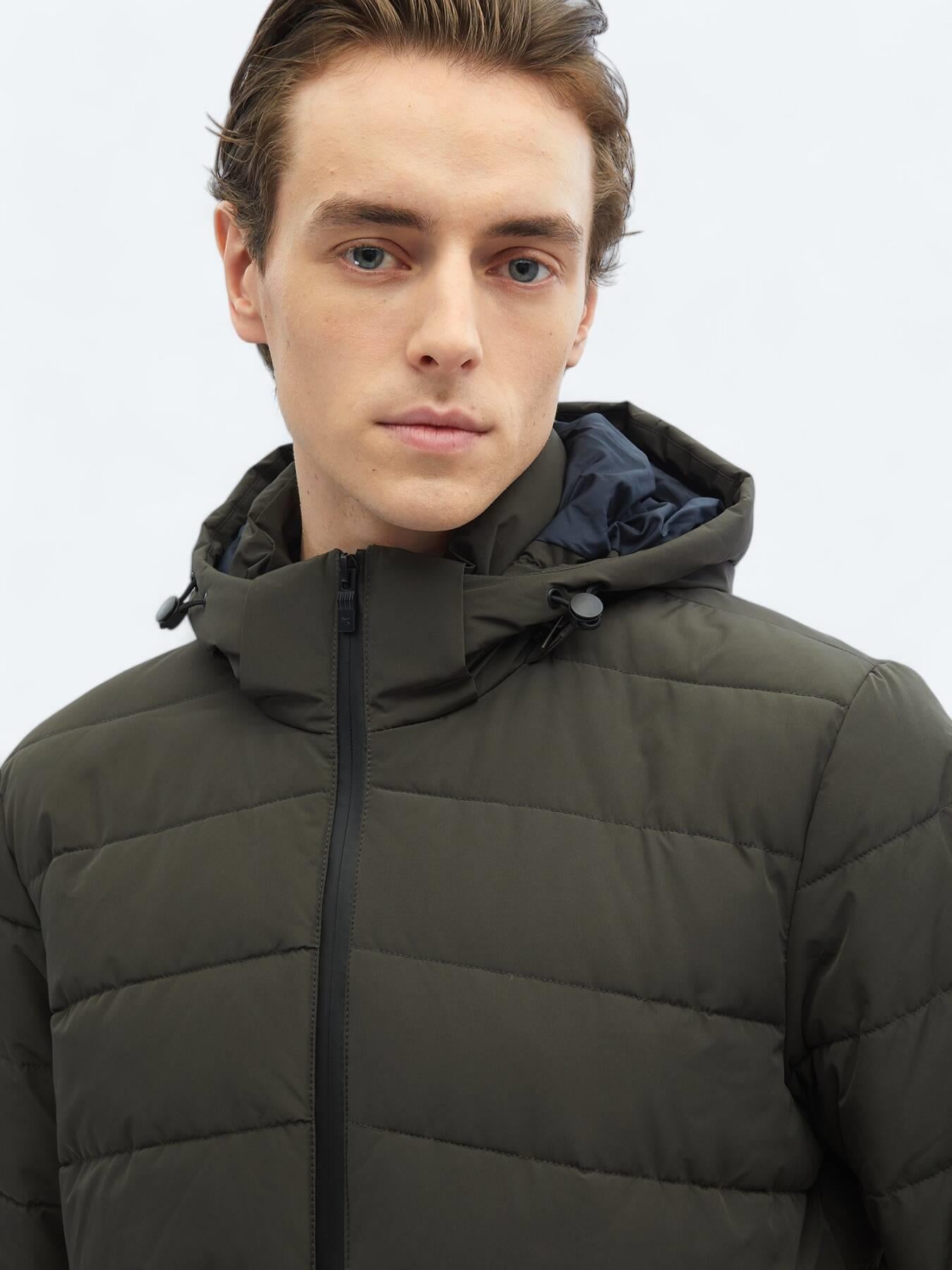 Haki Regular Fit Kapüşonlu Casual Dokuma Mont
