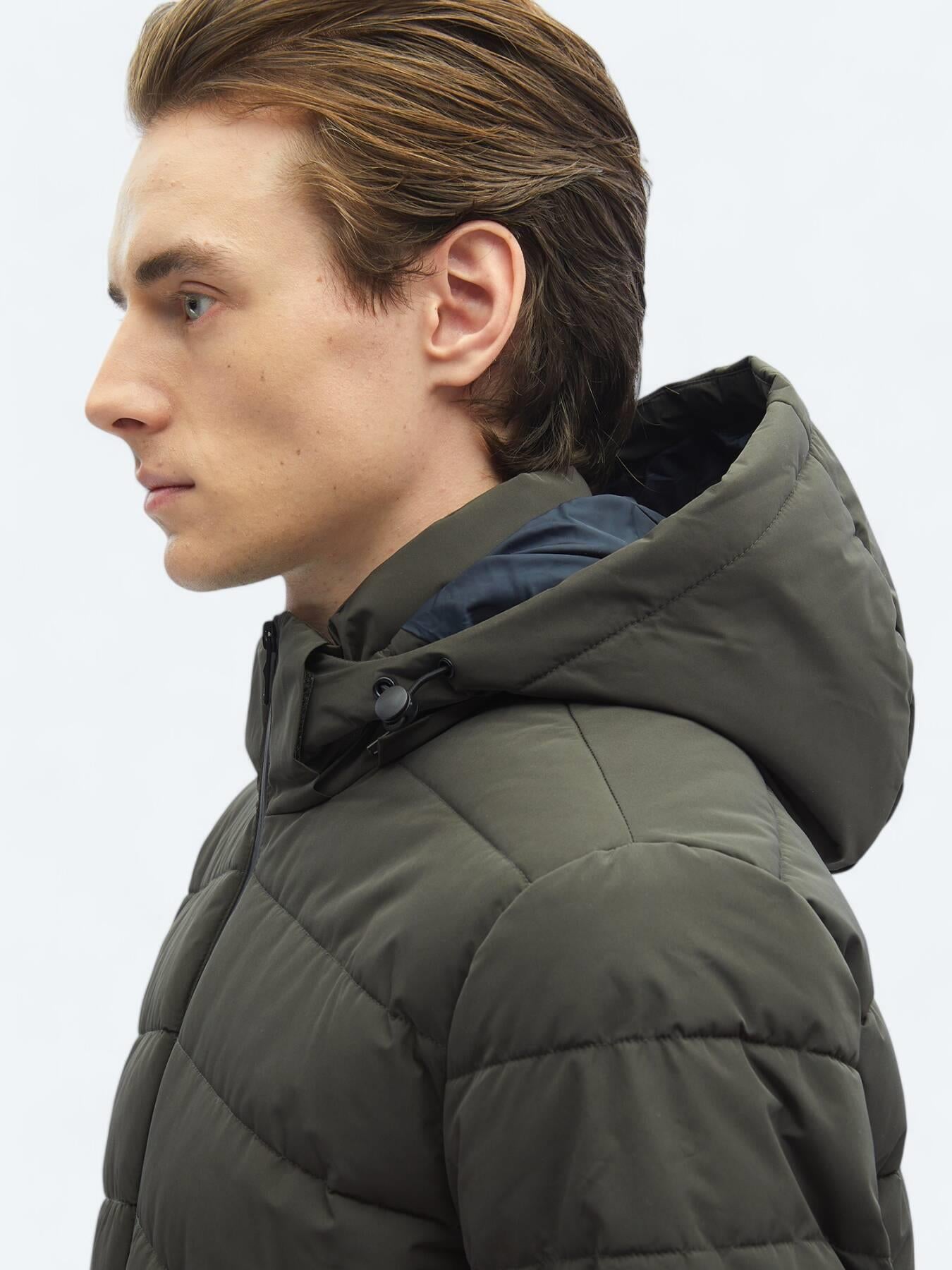 Haki Regular Fit Kapüşonlu Casual Dokuma Mont