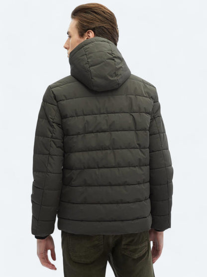 Haki Regular Fit Kapüşonlu Casual Dokuma Mont