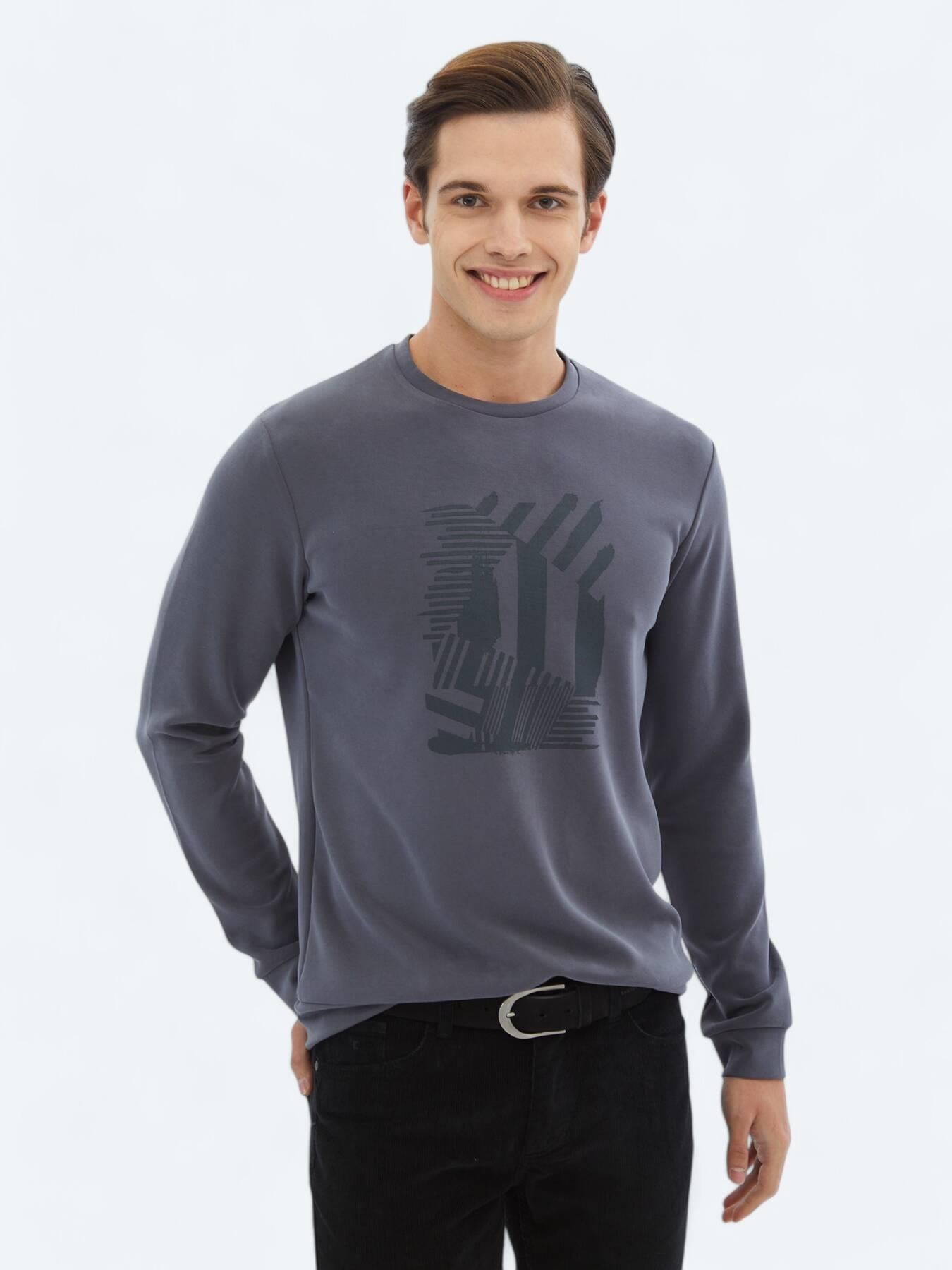 Gri Bisiklet Yaka Baskılı Sweatshırt