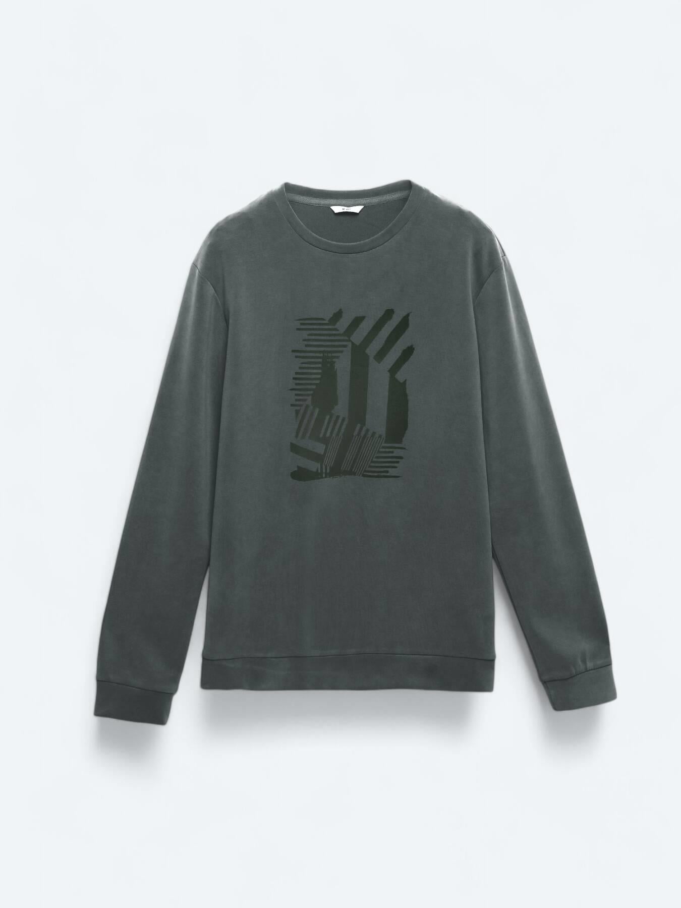 Gri Bisiklet Yaka Baskılı Sweatshırt