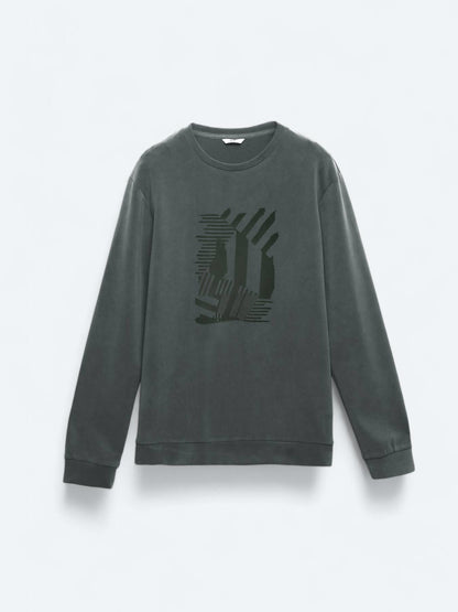Gri Bisiklet Yaka Baskılı Sweatshırt