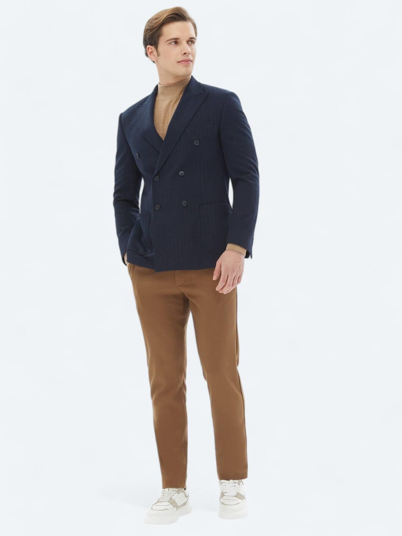 Lacivert Çizgili Modern Fit Örme Ceket