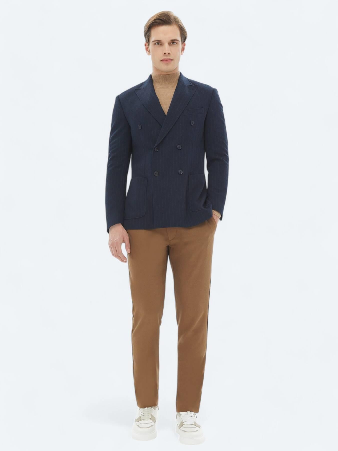 Lacivert Çizgili Modern Fit Örme Ceket