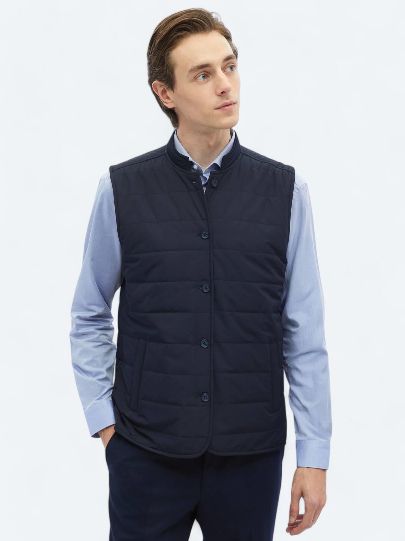 Lacivert Regular Fit Dik Yaka Casual Dokuma Spor Yelek