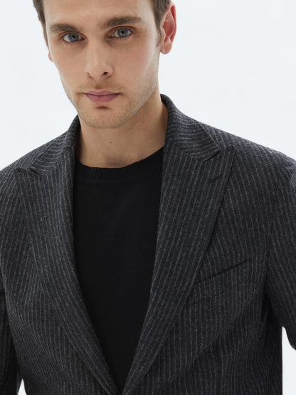 Antrasit Çizgili Modern Fit Yün Karışımlı Takım Elbise