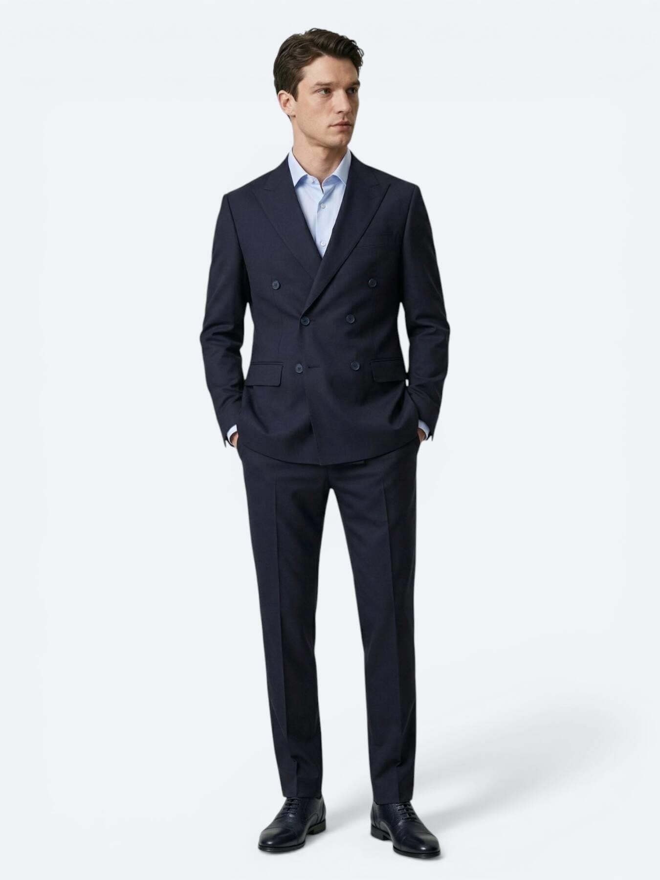Lacivert Düz Modern Fit Yün Karışımlı Takım Elbise