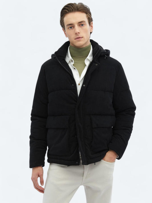 Siyah Regular Fit Kapüşonlu Casual Dokuma Mont