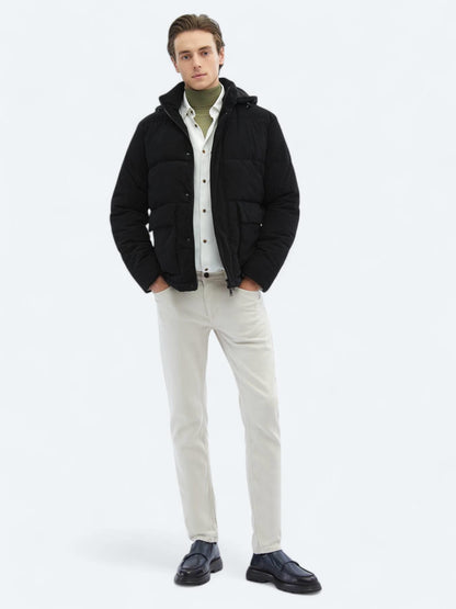 Siyah Regular Fit Kapüşonlu Casual Dokuma Mont