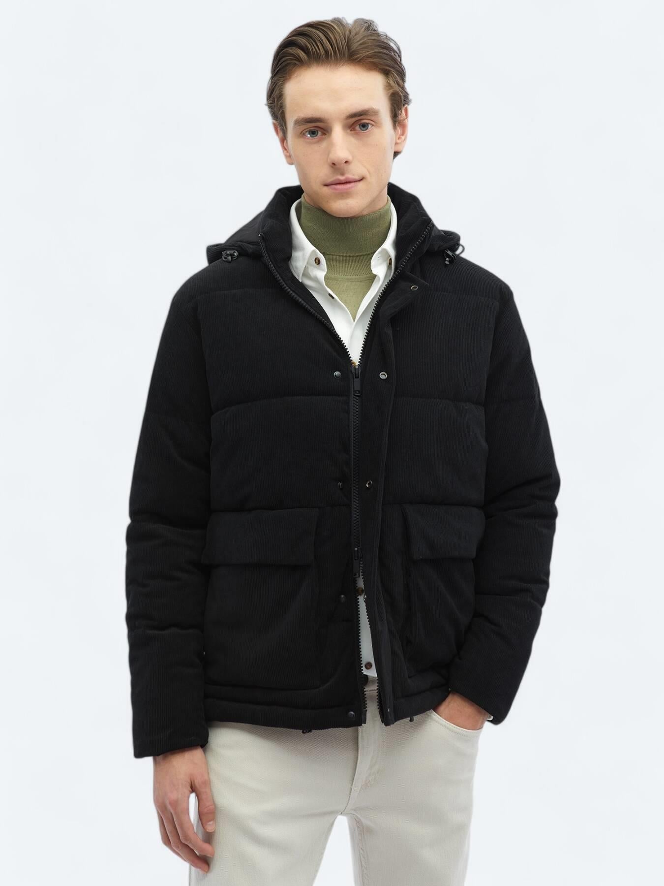 Siyah Regular Fit Kapüşonlu Casual Dokuma Mont