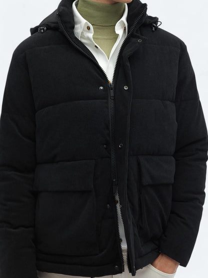 Siyah Regular Fit Kapüşonlu Casual Dokuma Mont