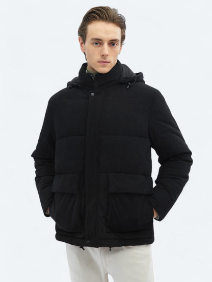 Siyah Regular Fit Kapüşonlu Casual Dokuma Mont