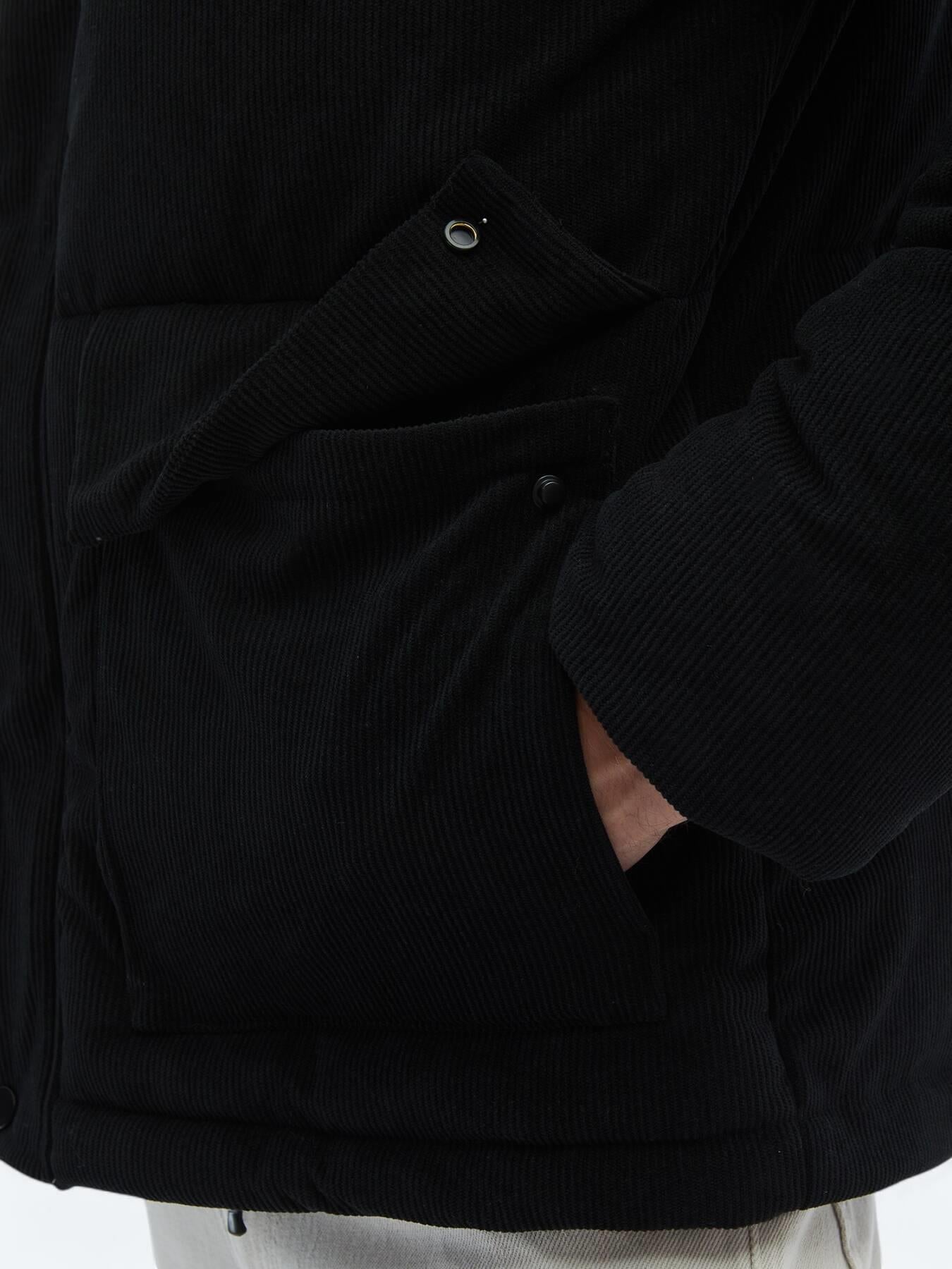 Siyah Regular Fit Kapüşonlu Casual Dokuma Mont
