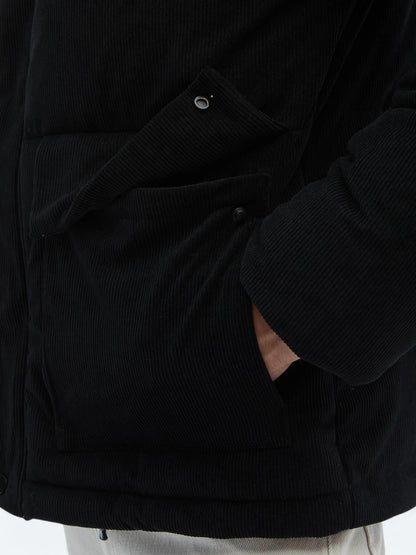 Siyah Regular Fit Kapüşonlu Casual Dokuma Mont