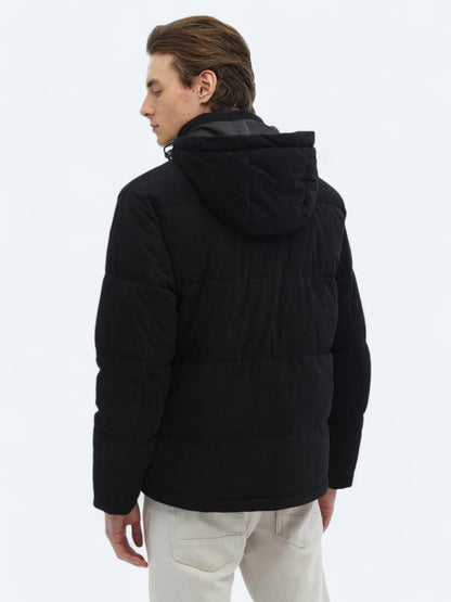 Siyah Regular Fit Kapüşonlu Casual Dokuma Mont