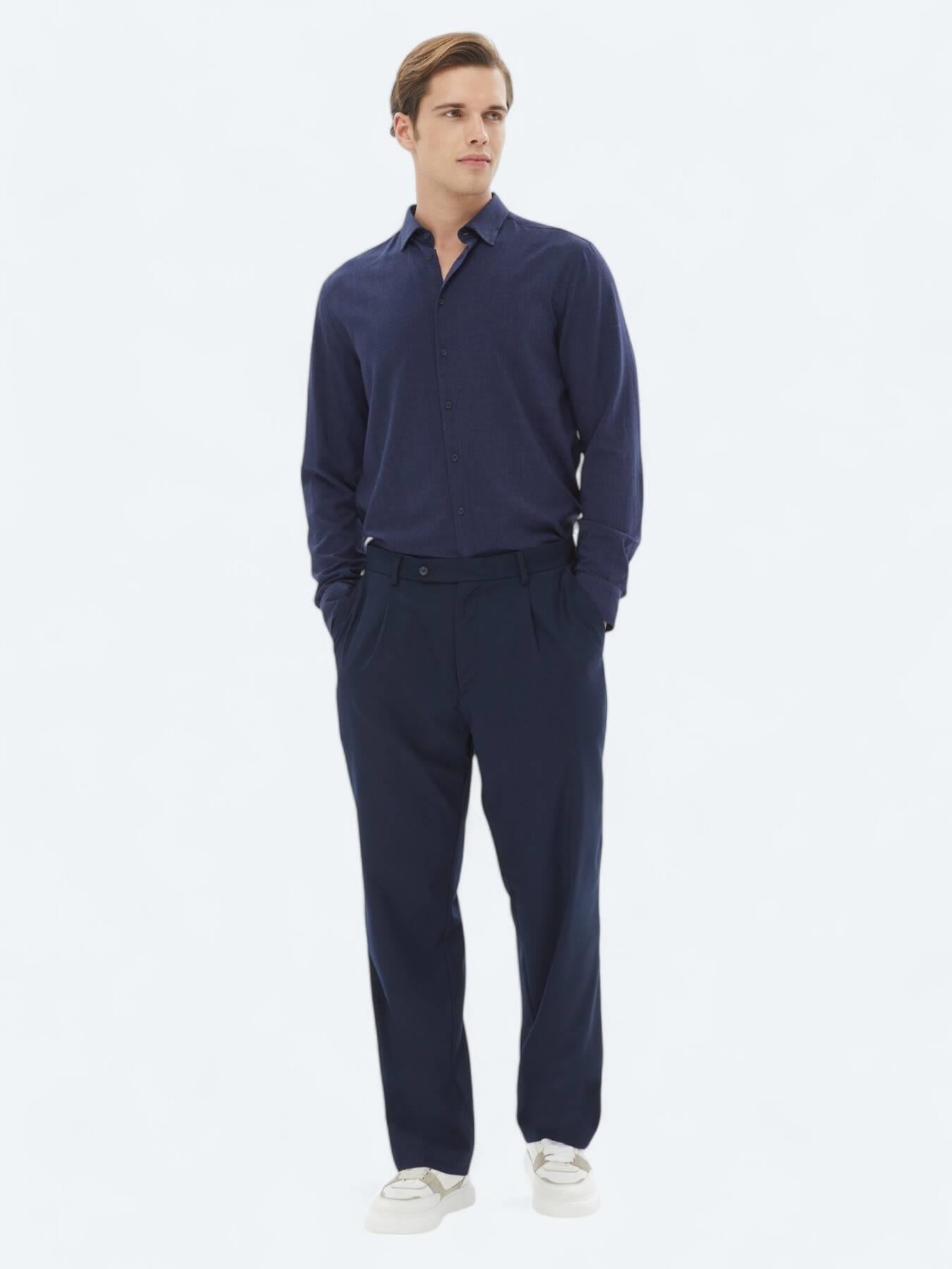 Lacivert Dokuma Loose Fit Casual Pantolon