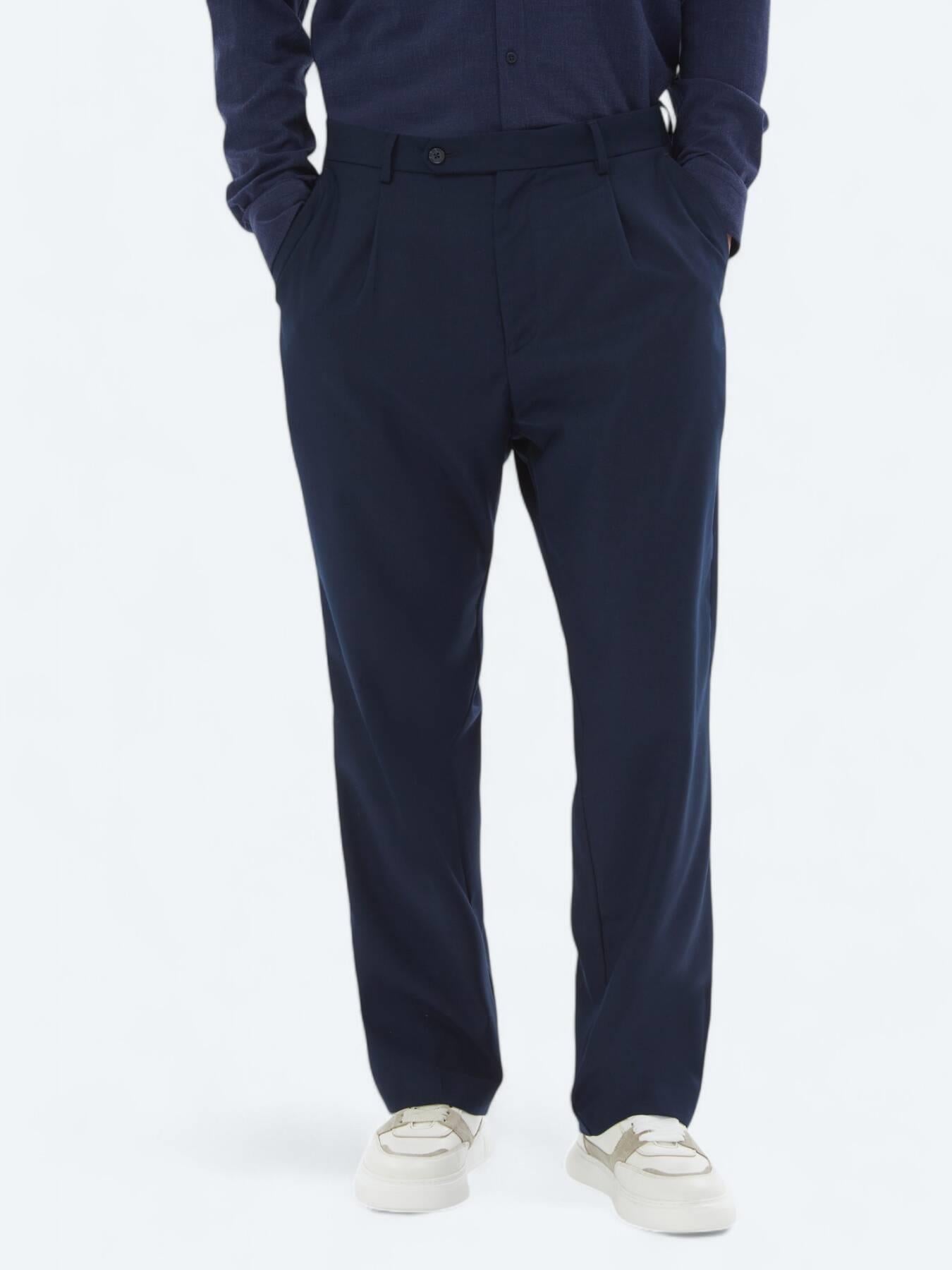 Lacivert Dokuma Loose Fit Casual Pantolon