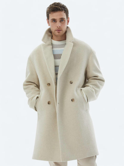 Açık Bej Oversize Fit Kruvaze Yaka Klasik Dokuma Palto