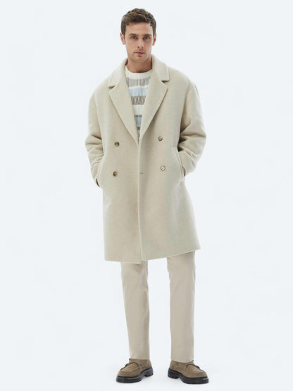 Açık Bej Oversize Fit Kruvaze Yaka Klasik Dokuma Palto