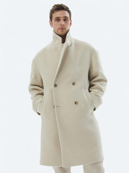 Açık Bej Oversize Fit Kruvaze Yaka Klasik Dokuma Palto