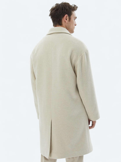 Açık Bej Oversize Fit Kruvaze Yaka Klasik Dokuma Palto