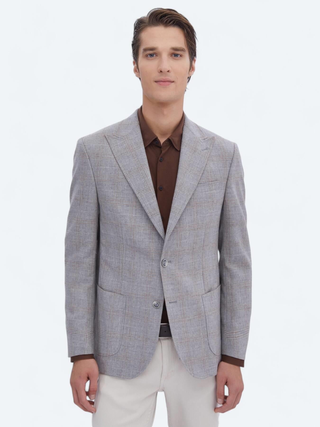 Gri Kareli Slim Fit Yün Karışımlı Ceket
