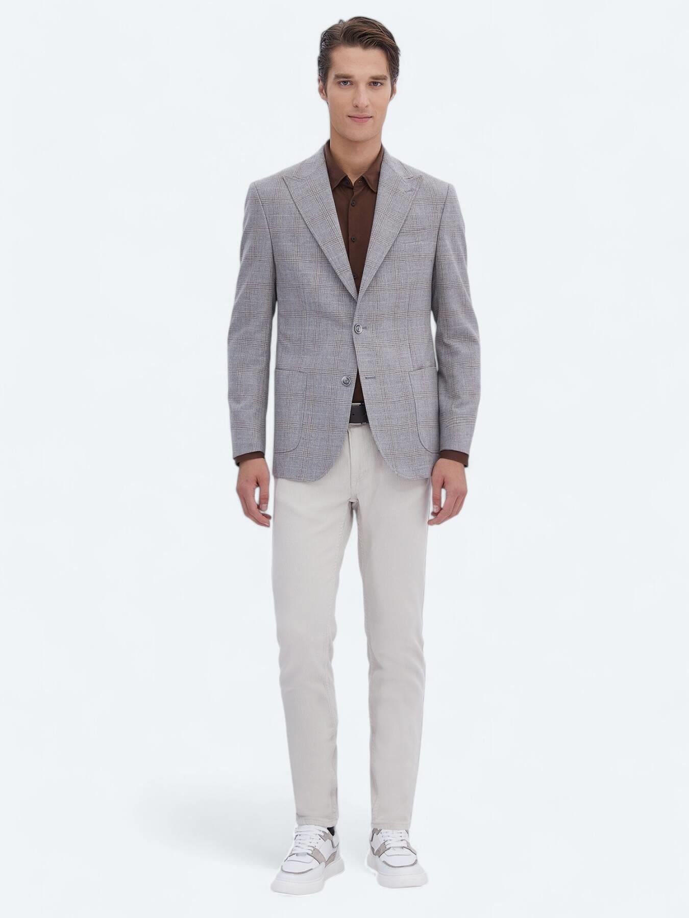 Gri Kareli Slim Fit Yün Karışımlı Ceket