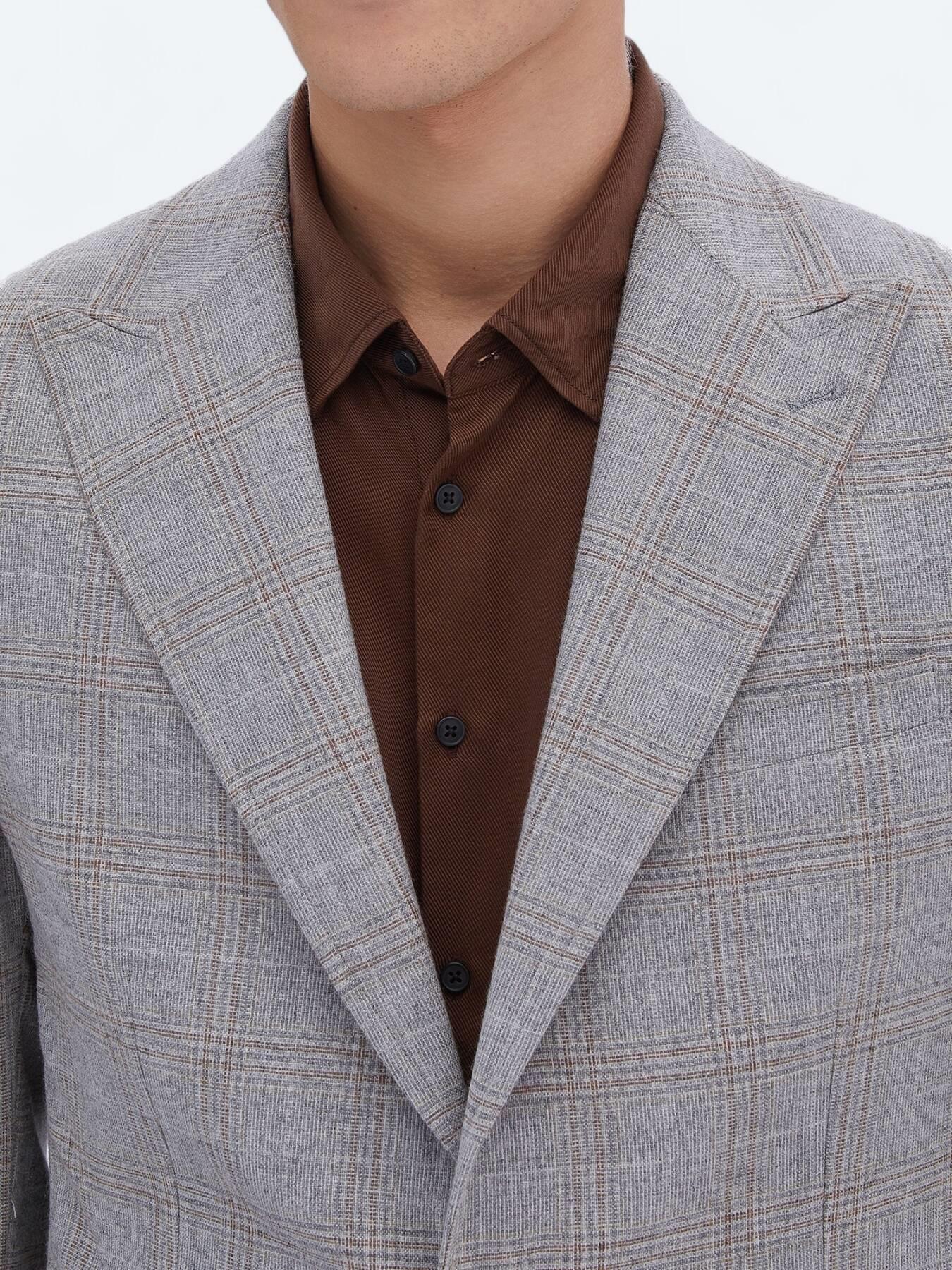 Gri Kareli Slim Fit Yün Karışımlı Ceket