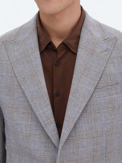 Gri Kareli Slim Fit Yün Karışımlı Ceket